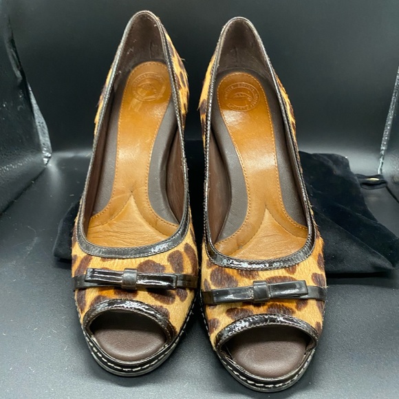 🍂🍁Nurture Women’s Sandee PeepToe Pump Brown Leopard Calf Hair Leather 8.5 - Picture 5 of 8